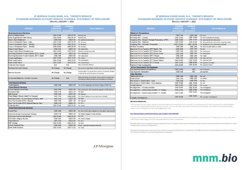 USA JP Morgan Chase szablon wyciągu bankowego w .xls i .format pliku pdf